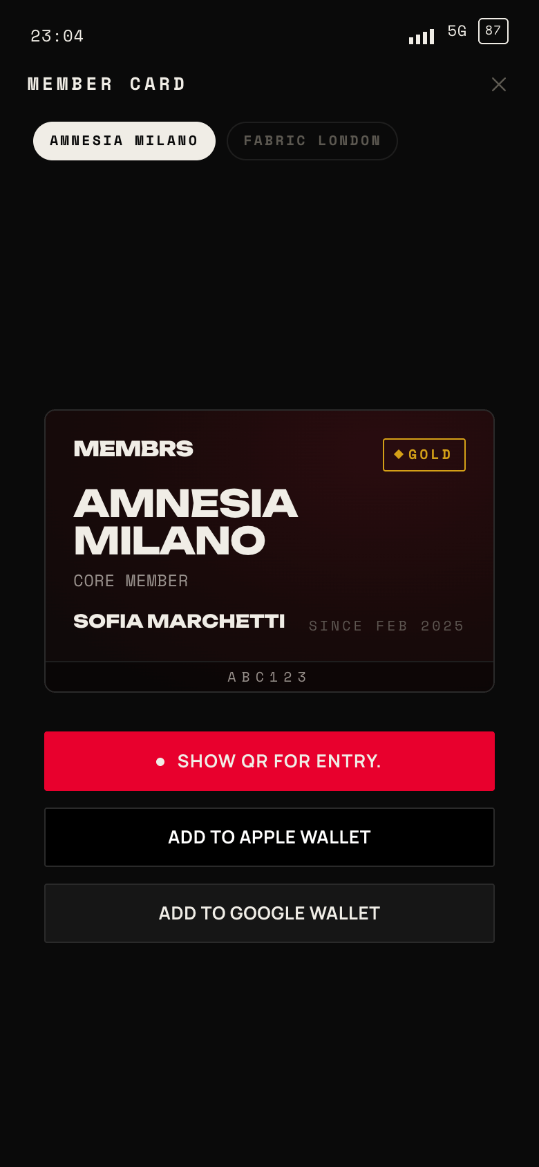 Digital card — membrs app screen
